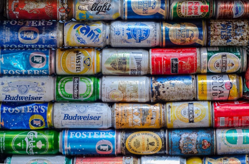 A close-up of several  aluminum energy drinks  cans