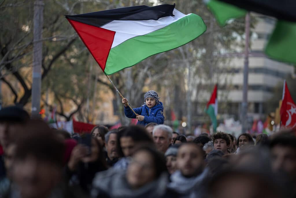 a group of pro palestinian peoples protesting on roads with palestinian flags in hand