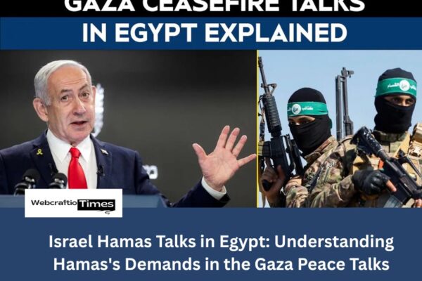 Israel Hamas Talks in Egypt: Understanding Hamas’s Demands in the Gaza Peace Talks a poster image showing Israeli prime minister with Hamas fighters on right
