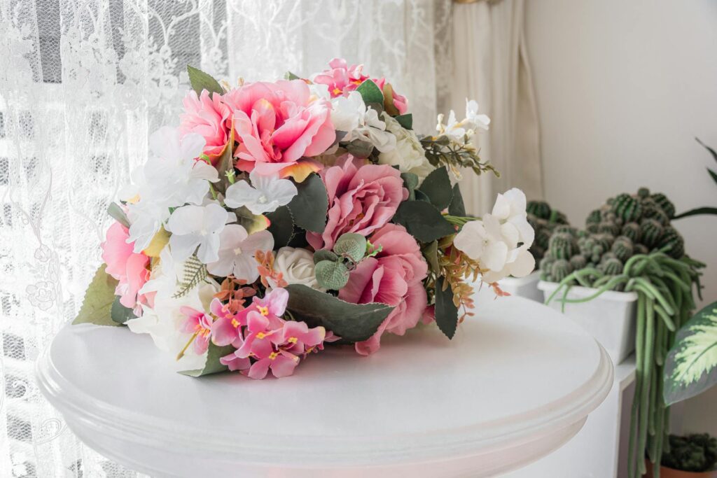 a bouquet full of colorful fake flowers