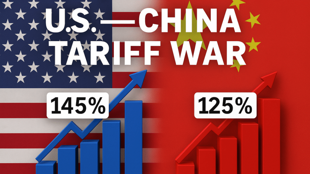 a graphic image showing USA flag on left and China Flag on right showing tariff war