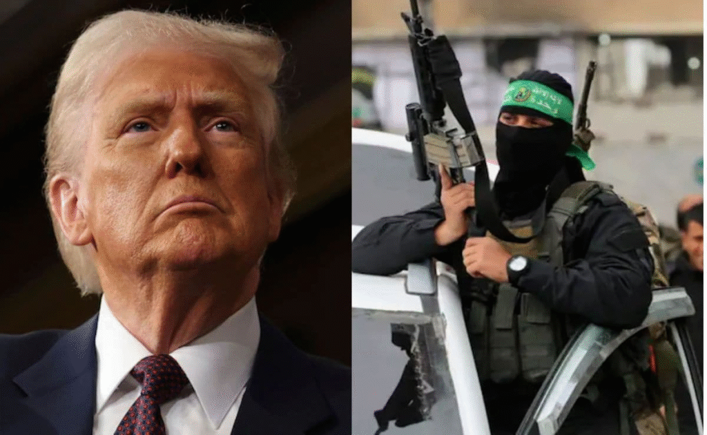 on left side its image of trump and on right side an image of hamas fighter