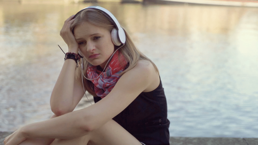a girl siting depressed and listening to music