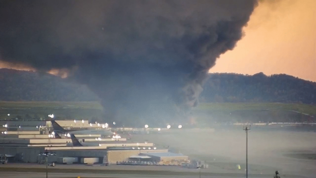 Smoke billows from a plane crash in Louisville, Kentucky, on Tuesday, November 4, 2025
